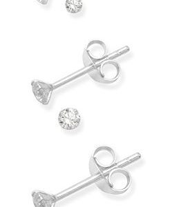 Set of 3 pairs of Sterling Silver Cubic Zirconia Round Stud Earrings - SIZES: 1 pair each of 2mm, 3mm & 4mm. GIFT BOXED 5768SET