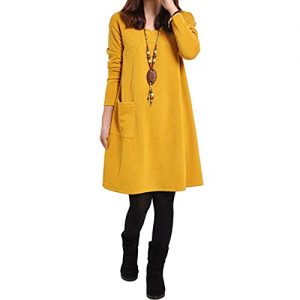 Romacci Autumn Winter Women Dress Plus Size Loose Tunic Long Dress Long Sleeves Pockets Solid V Neck Swing Dress for Ladies